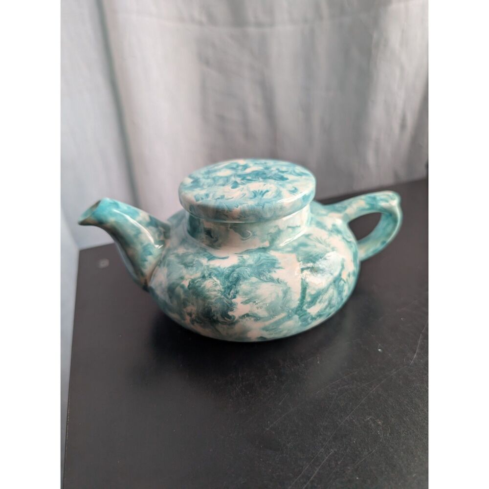 Vintage Teal Marbled Ceramic Teapot 5"